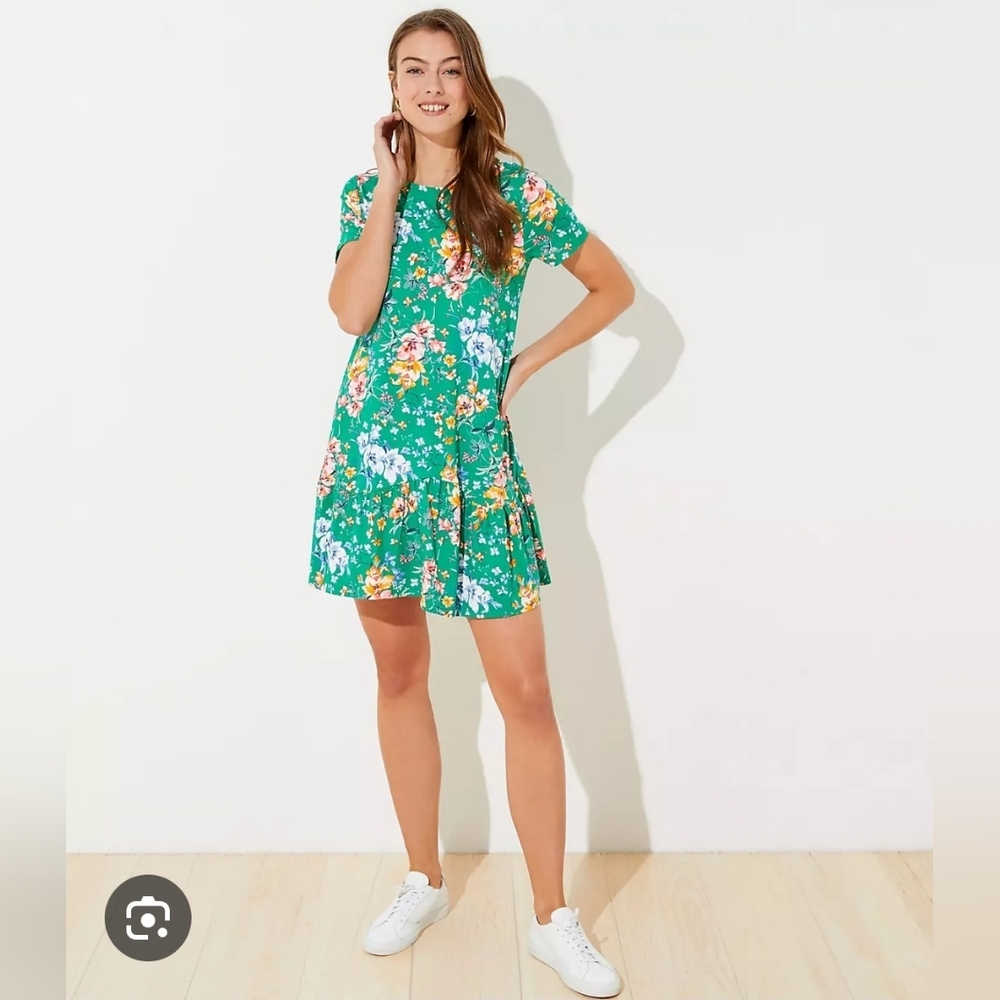 LOFT Green Floral Flounce Dress Plus Size 24/26